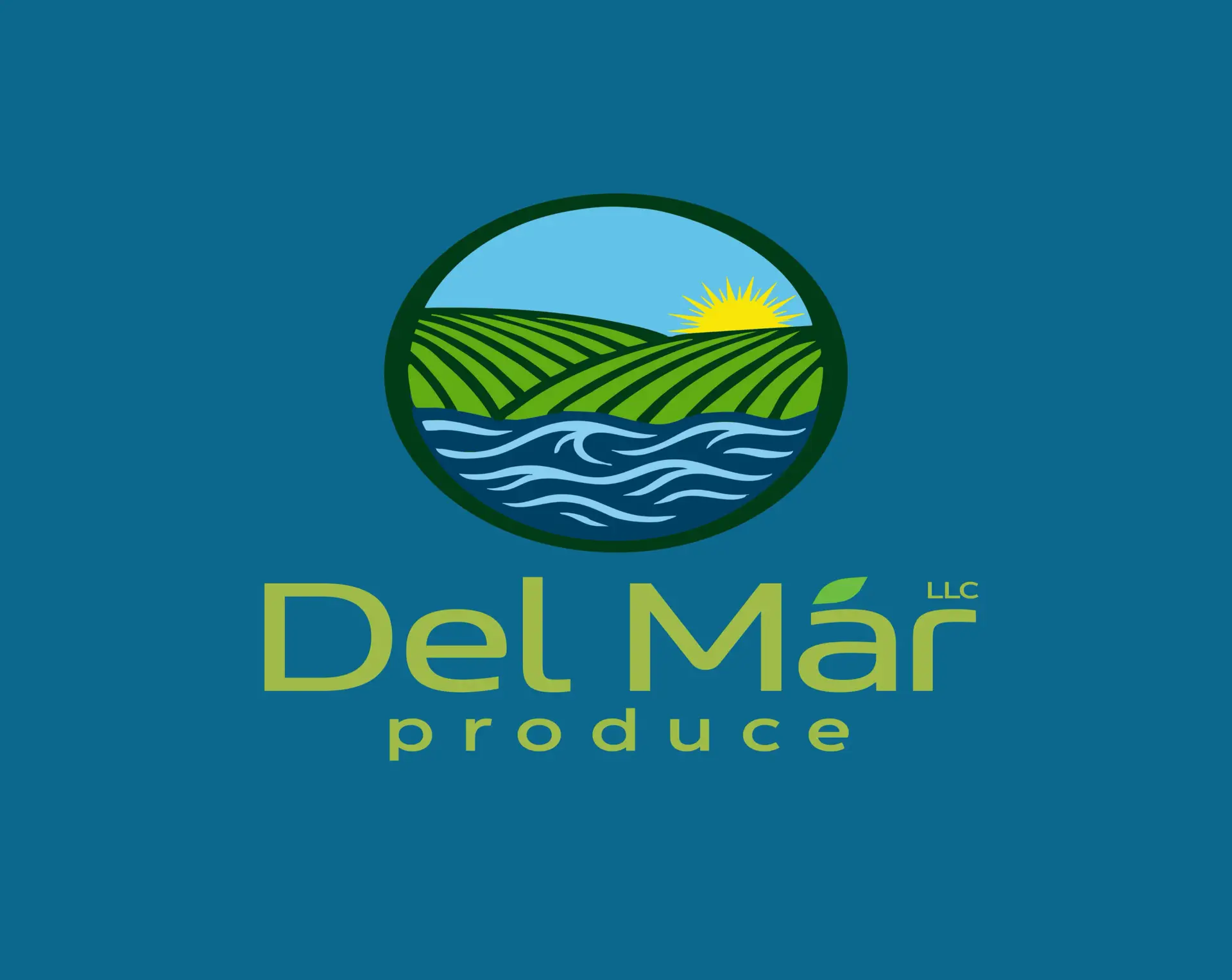 Del Mar Produce LLC logo with sunrise over farmland and water, symbolizing fresh, locally grown produce