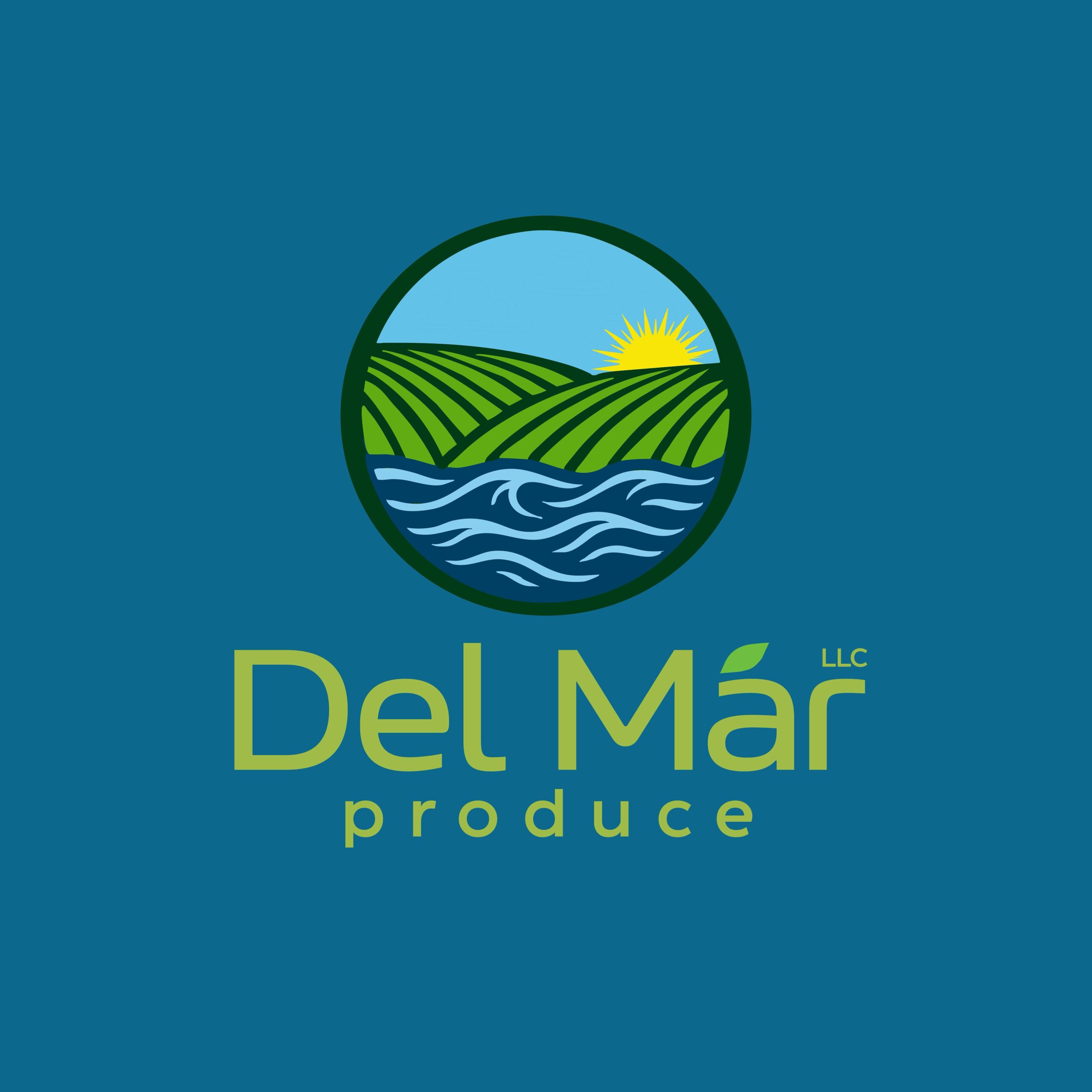 Del Mar Produce LLC logo with sunrise over farmland and water, symbolizing fresh, locally grown produce
